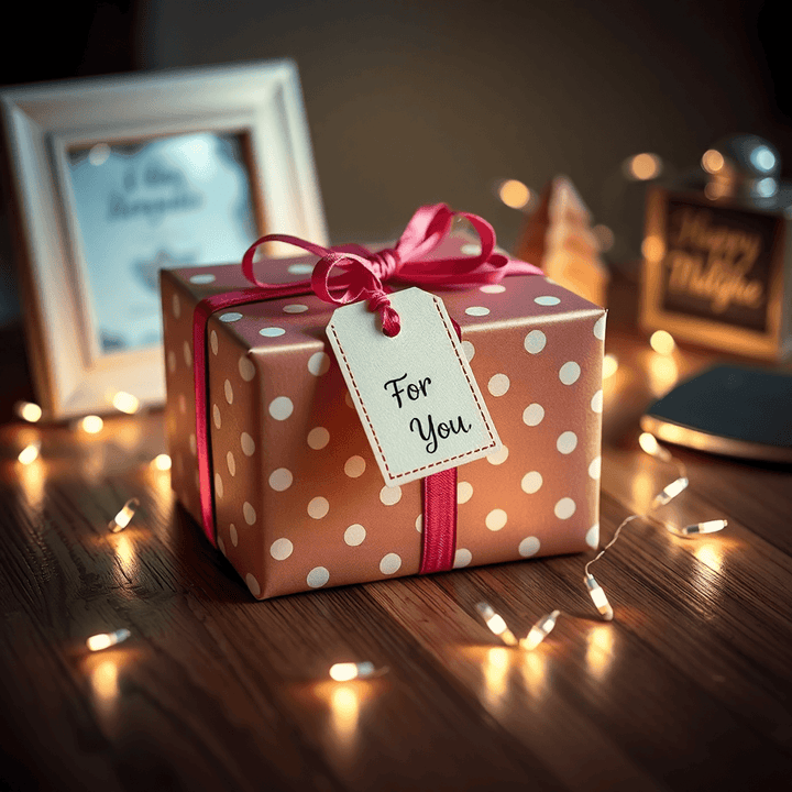 A beautifully wrapped gift box with a "For You" tag on a wooden table, surrounded by glowing fairy lights and hints of cherished memories in the background.