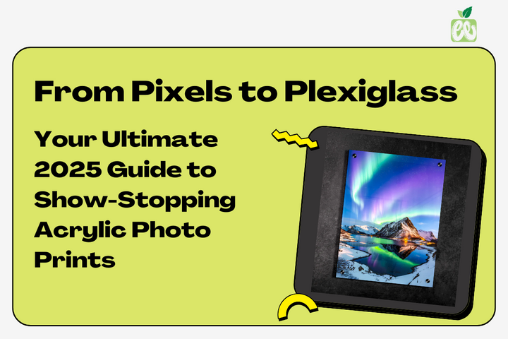 Green promo graphic with “From Pixels to Plexiglass” headline and angled acrylic print of an aurora over snowy mountains; Minteefy leaf logo.