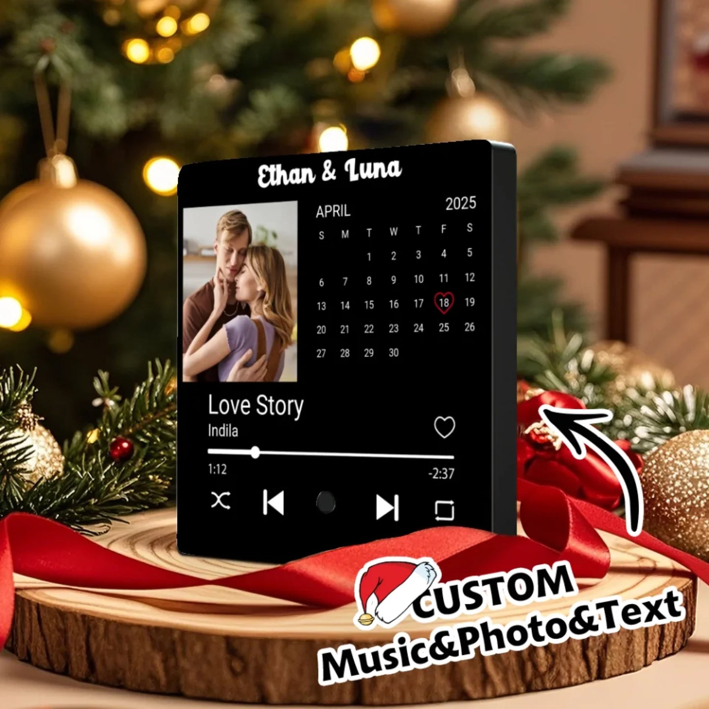 Minteefy photo calendar magnet – personalized date highlight, song player, and couple’s names, black.