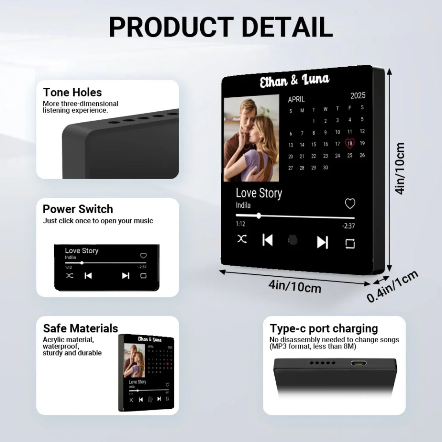 Minteefy photo calendar magnet – personalized date highlight, song player, and couple’s names.