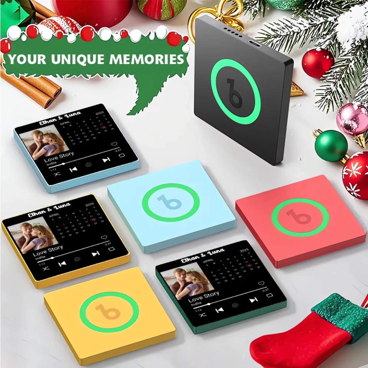 Minteefy photo calendar magnet – personalized date highlight, song player, and couple’s names.