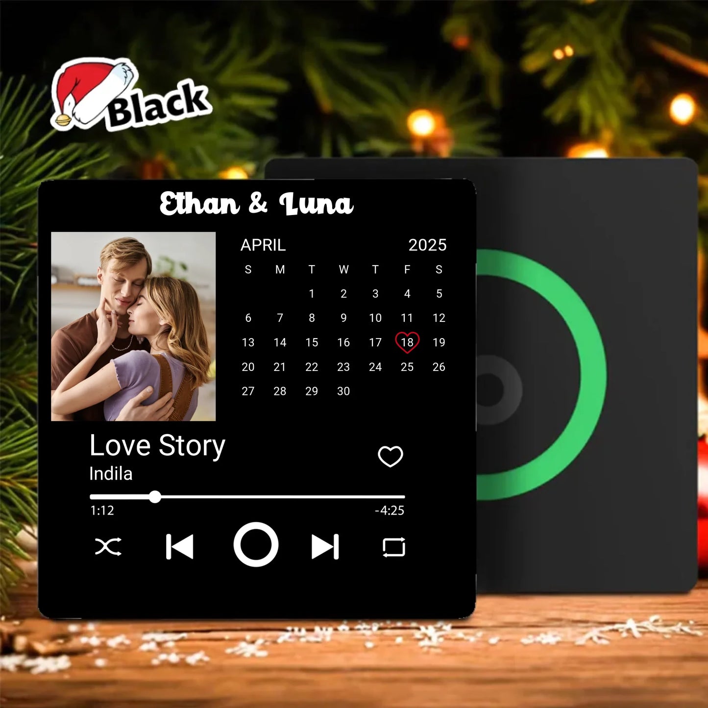 Minteefy photo calendar magnet – personalized date highlight, song player, and couple’s names, black.