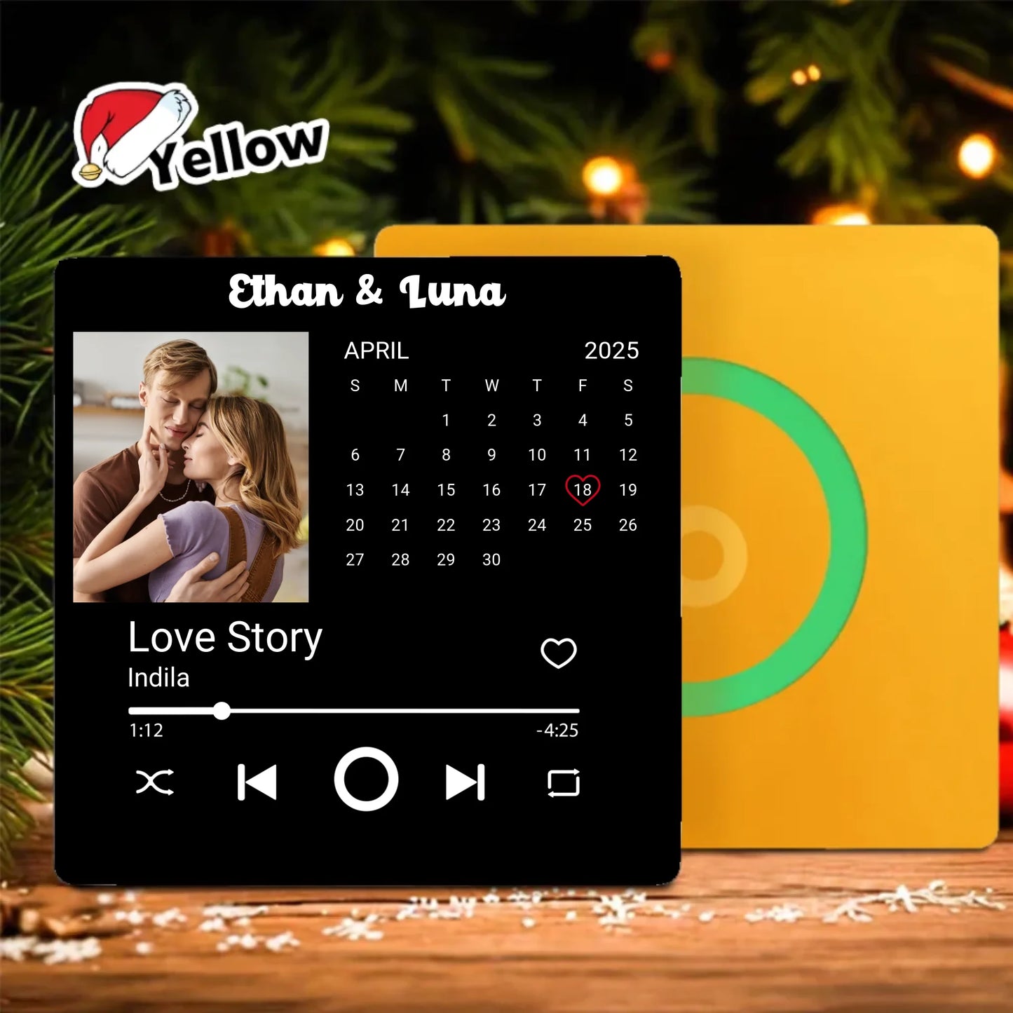 Minteefy photo calendar magnet – personalized date highlight, song player, and couple’s names, yellow.