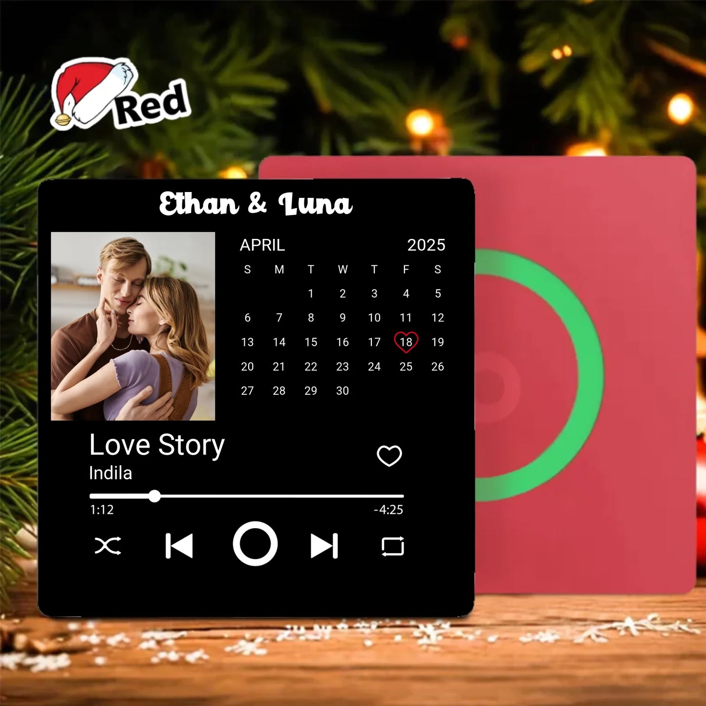 Minteefy photo calendar magnet – personalized date highlight, song player, and couple’s names.