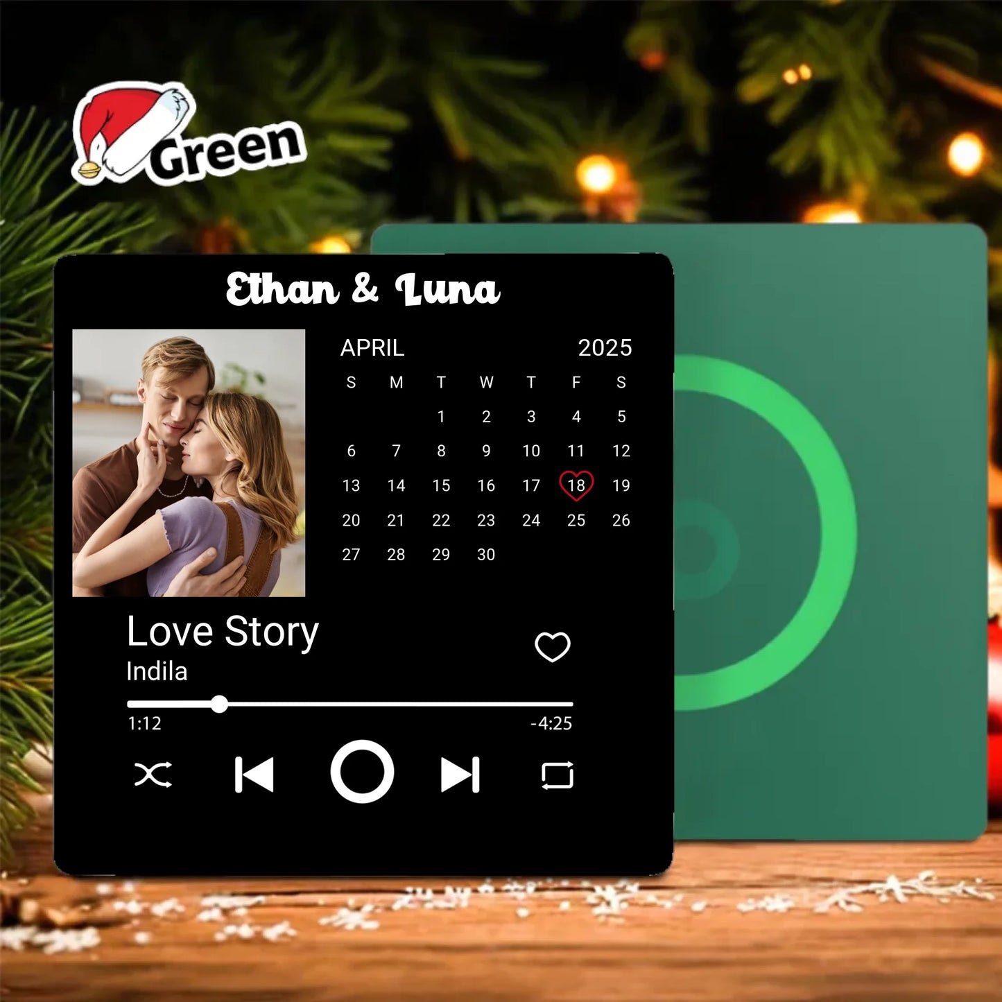 Minteefy photo calendar magnet – personalized date highlight, song player, and couple’s names.