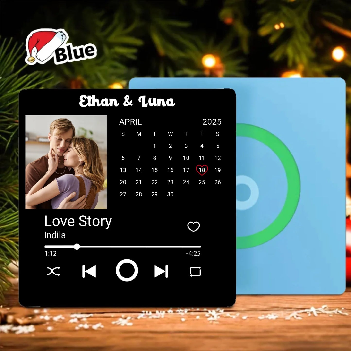 Minteefy photo calendar magnet – personalized date highlight, song player, and couple’s names.