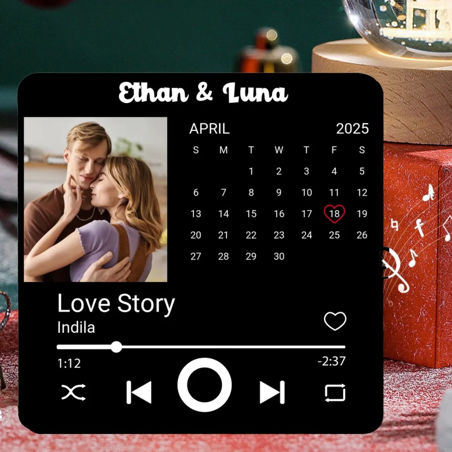 Minteefy photo calendar magnet – personalized date highlight, song player, and couple’s names.