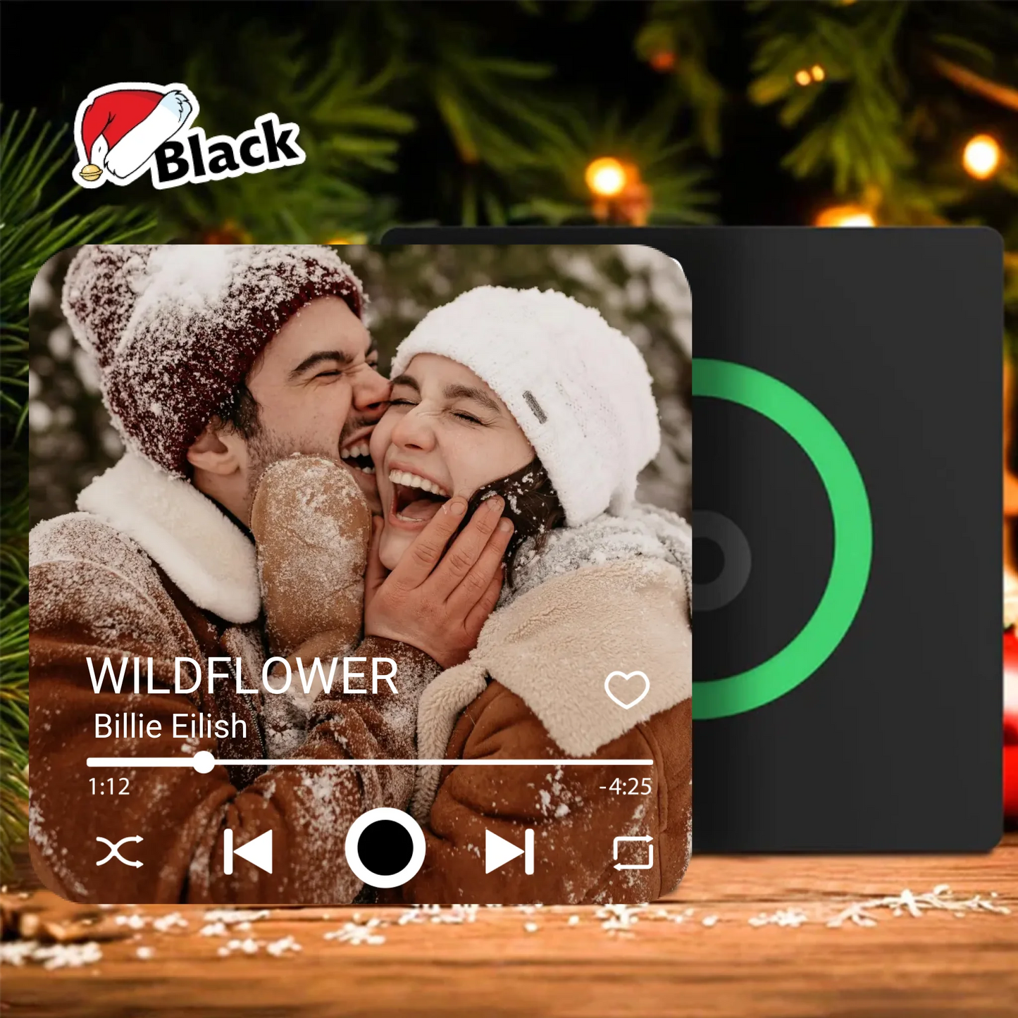 Minteefy custom music plaque – winter couple photo with Billie Eilish song and player overlay design, black.