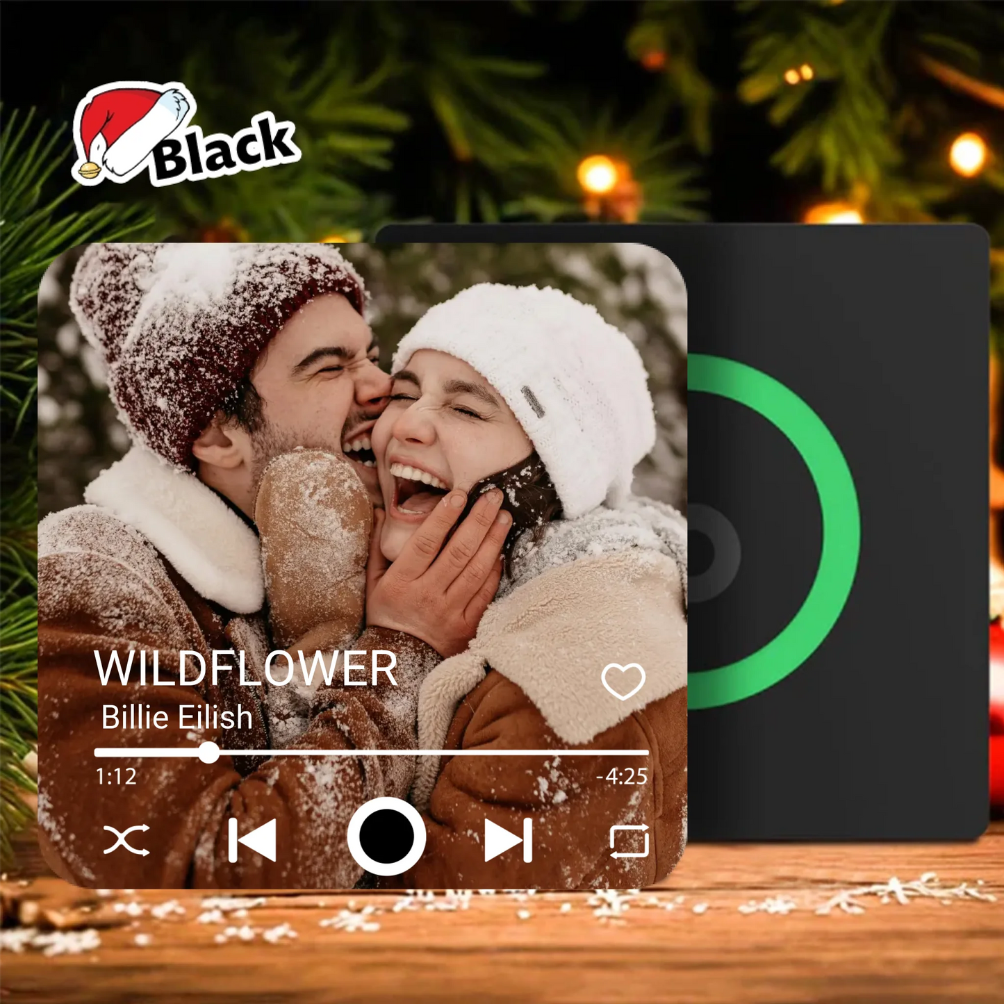 Minteefy custom music plaque – winter couple photo with Billie Eilish song and player overlay design.
