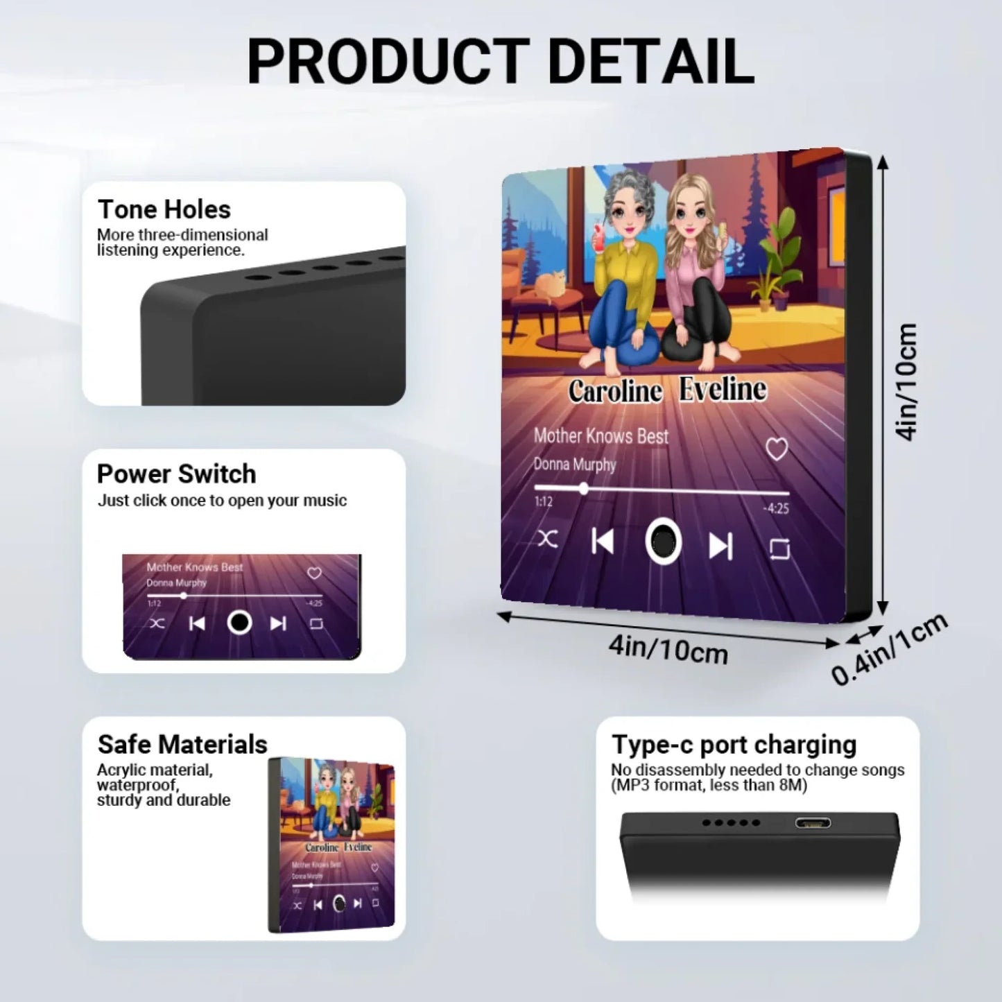 Minteefy custom fridge magnet – cartoon-style music player design with mother-daughter duo names.