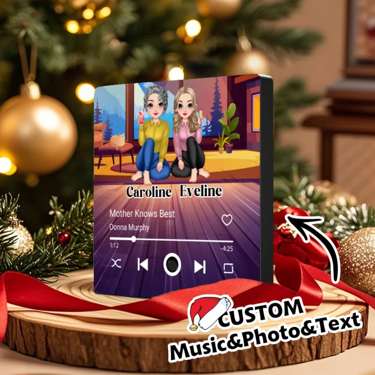 Minteefy custom fridge magnet – cartoon-style music player design with mother-daughter duo names.