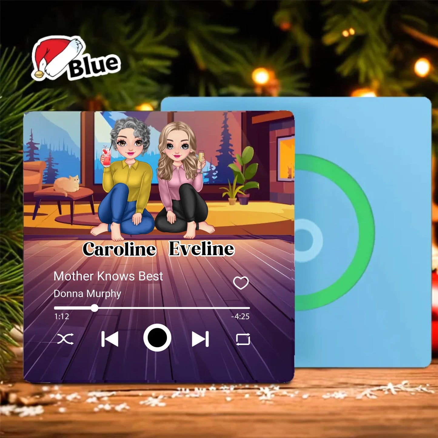 Minteefy custom fridge magnet – cartoon-style music player design with mother-daughter duo names., blue.