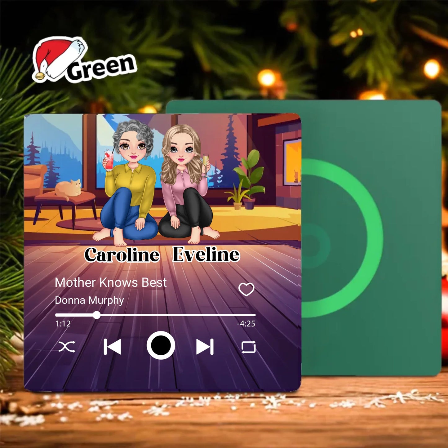 Minteefy custom fridge magnet – cartoon-style music player design with mother-daughter duo names, green.