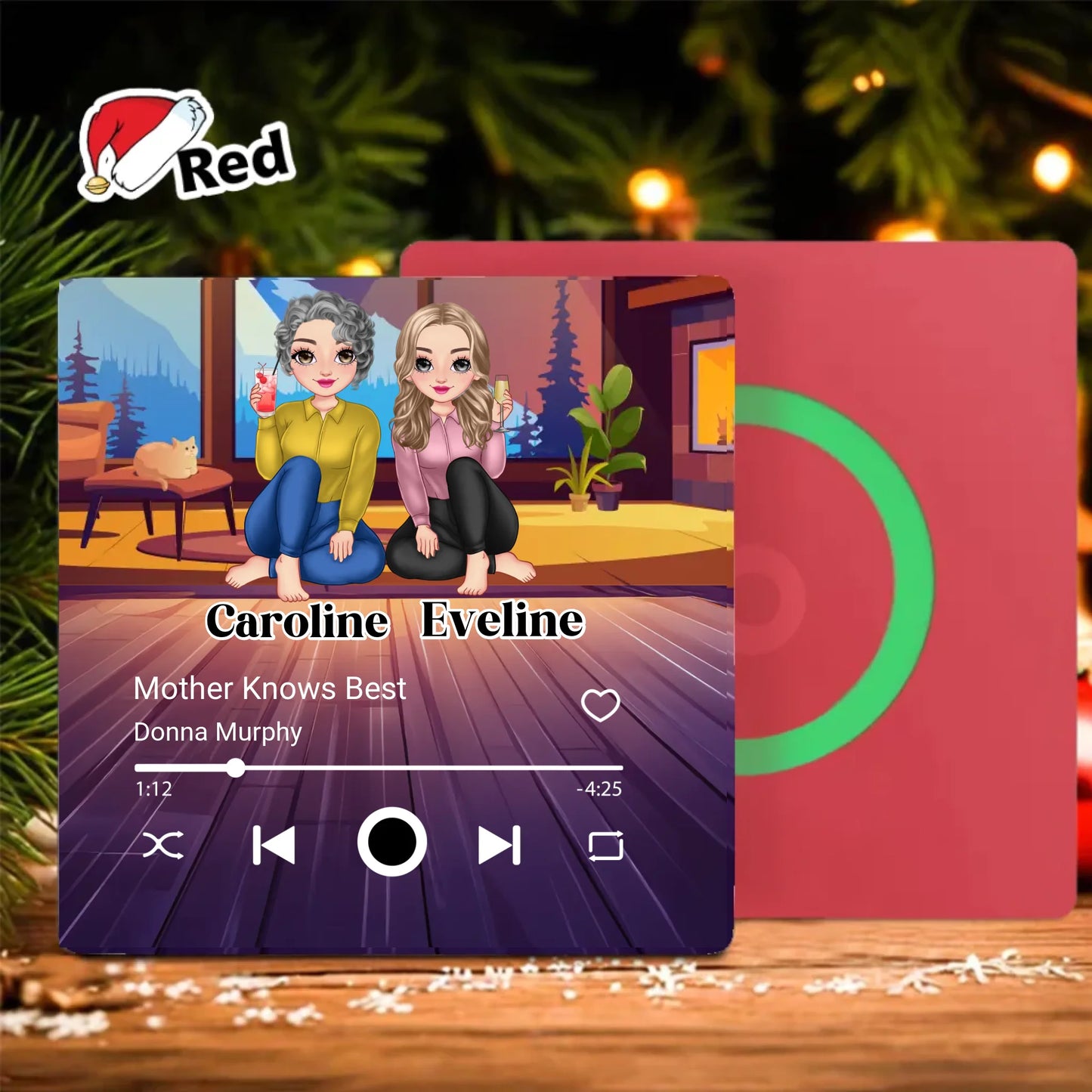 Minteefy custom fridge magnet – cartoon-style music player design with mother-daughter duo names., red.