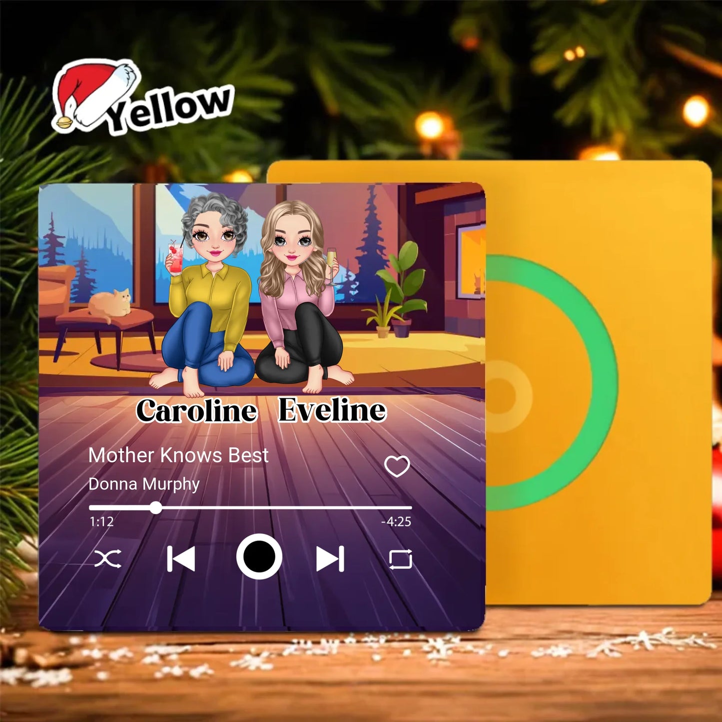 Minteefy custom fridge magnet – cartoon-style music player design with mother-daughter duo names., yellow.