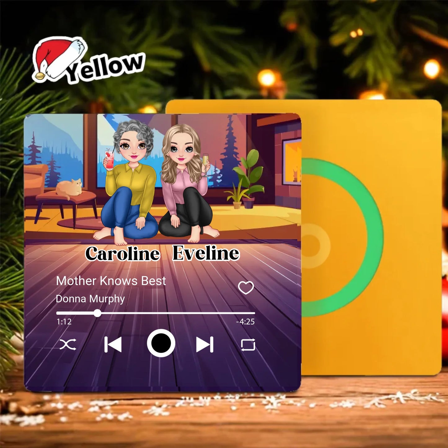 Minteefy custom fridge magnet – cartoon-style music player design with mother-daughter duo names.
