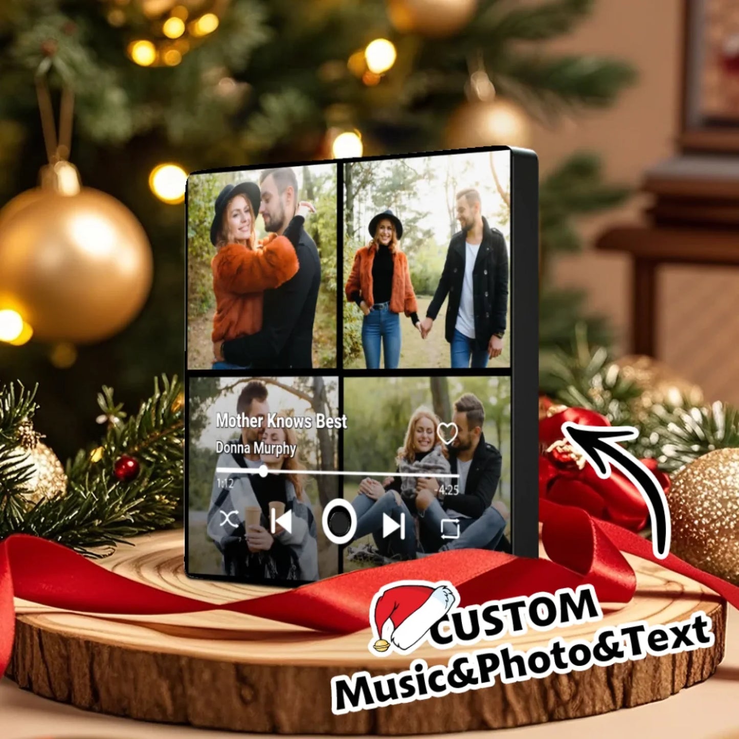 Minteefy custom fridge magnet – personalized music player design with couple photos and names, black.