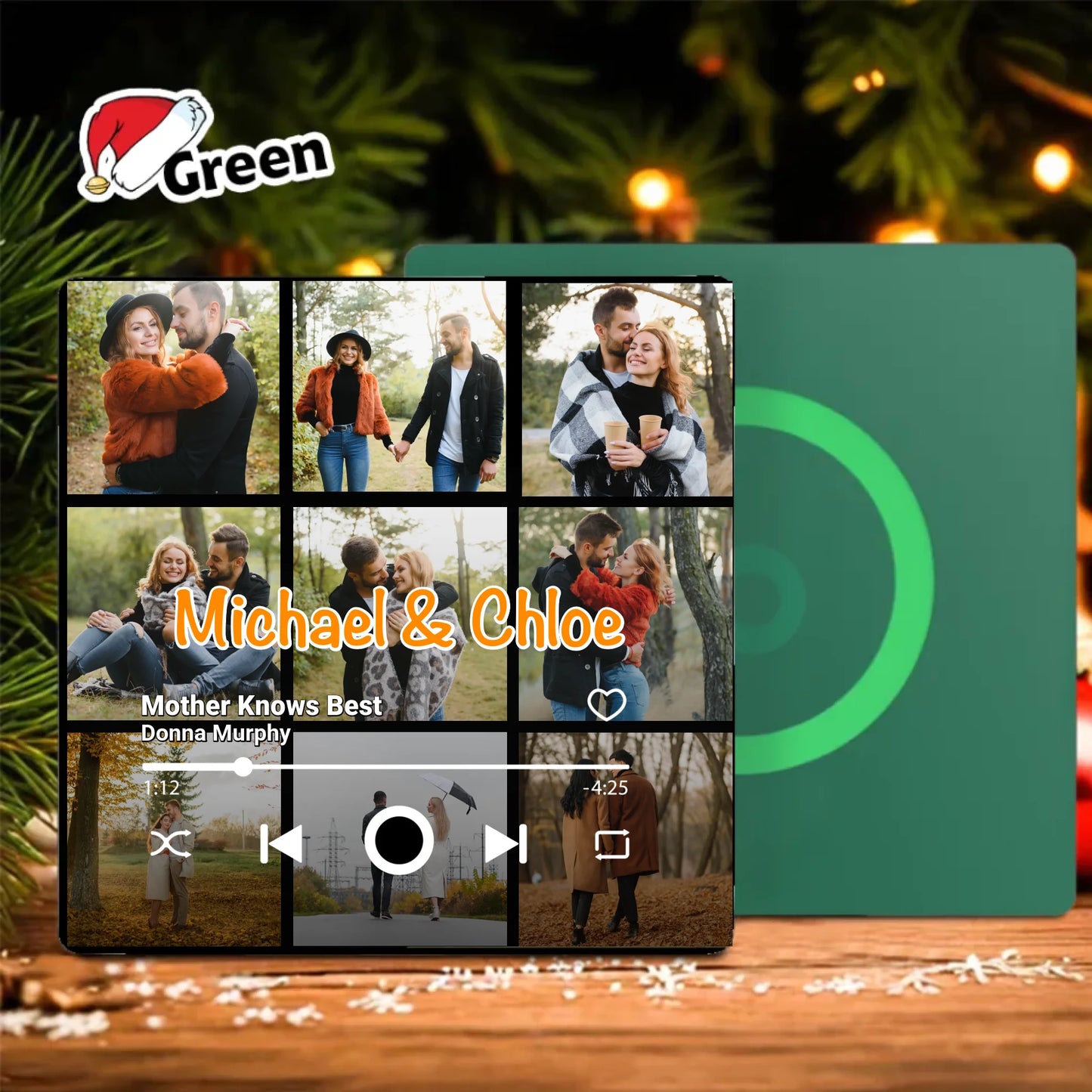 Minteefy custom fridge magnet – personalized music player design with couple photos and names, green.