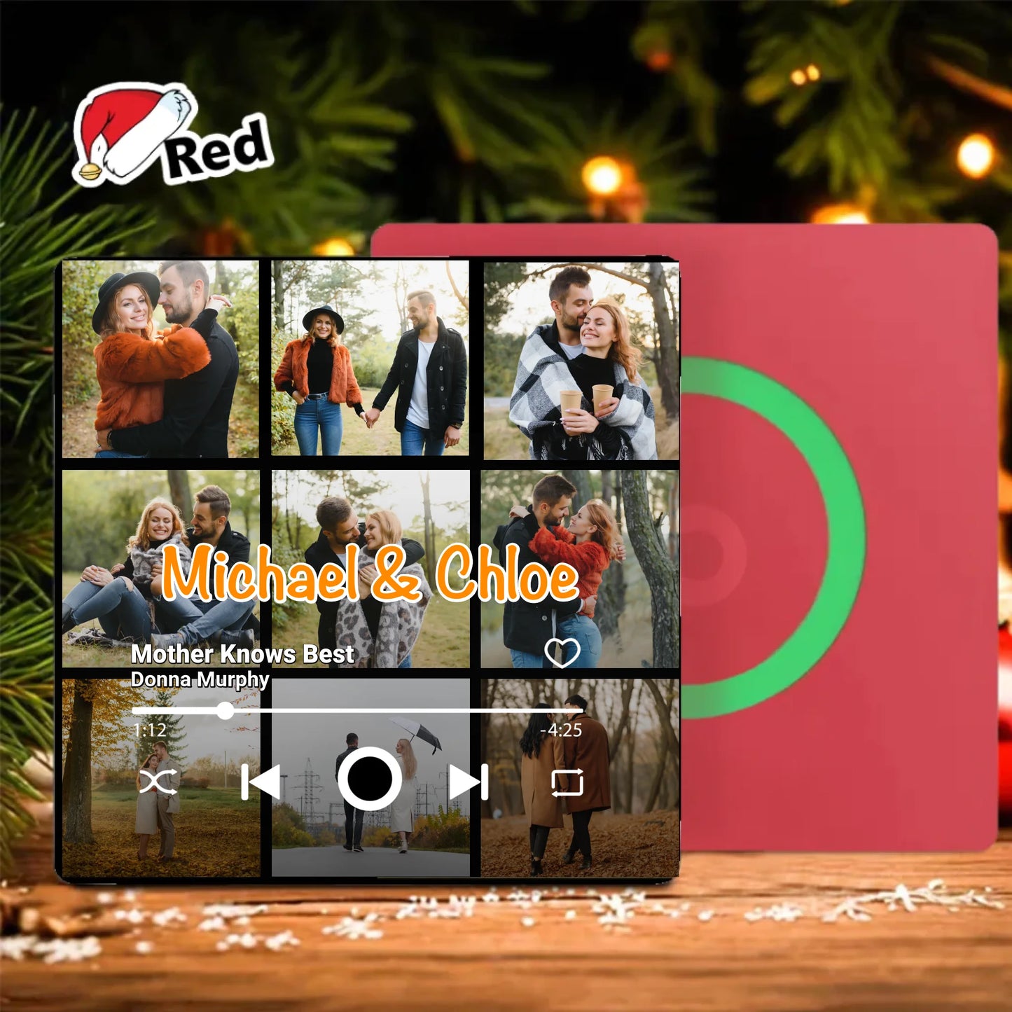 Minteefy custom fridge magnet – personalized music player design with couple photos and names, red.