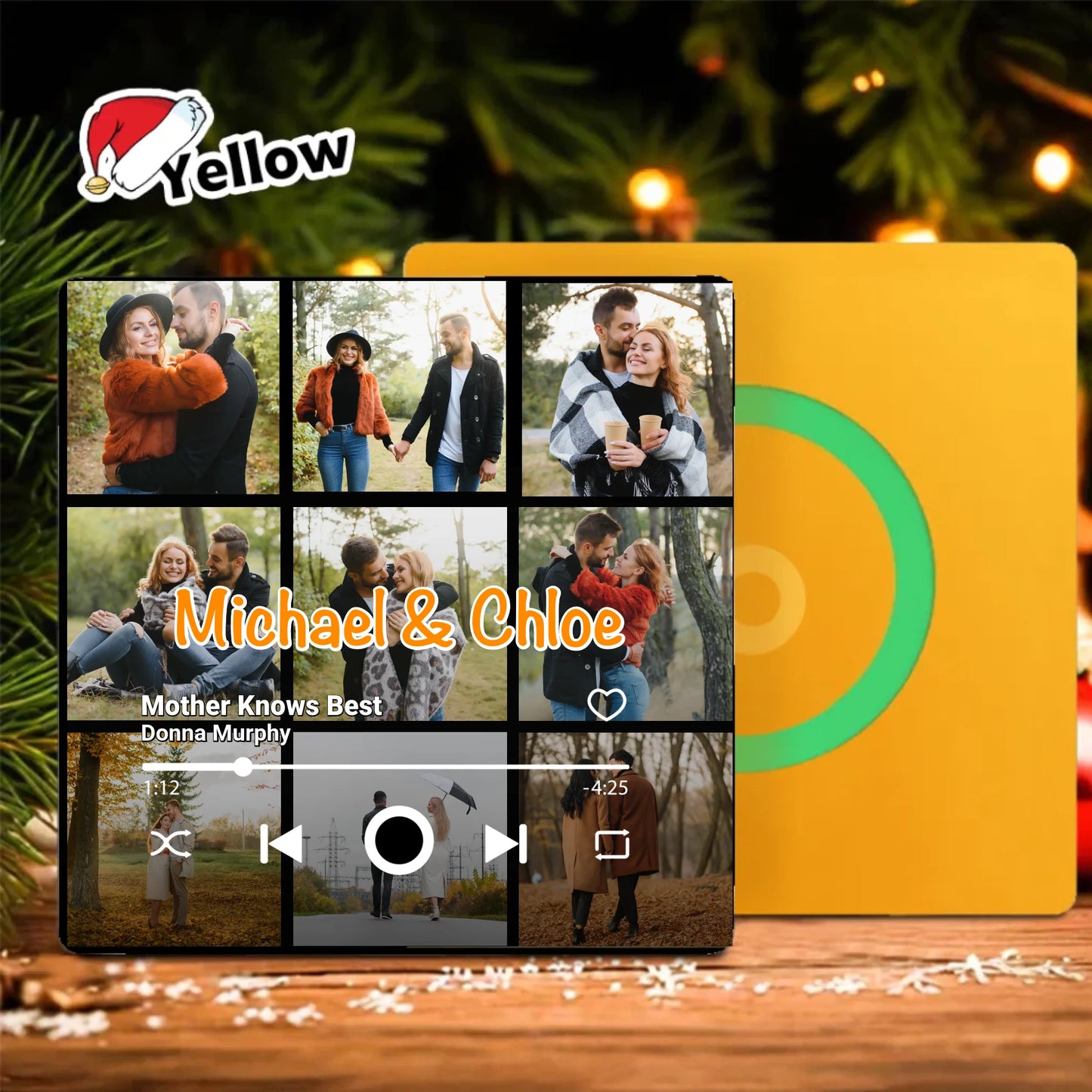 Minteefy custom fridge magnet – personalized music player design with couple photos and names, yellow.