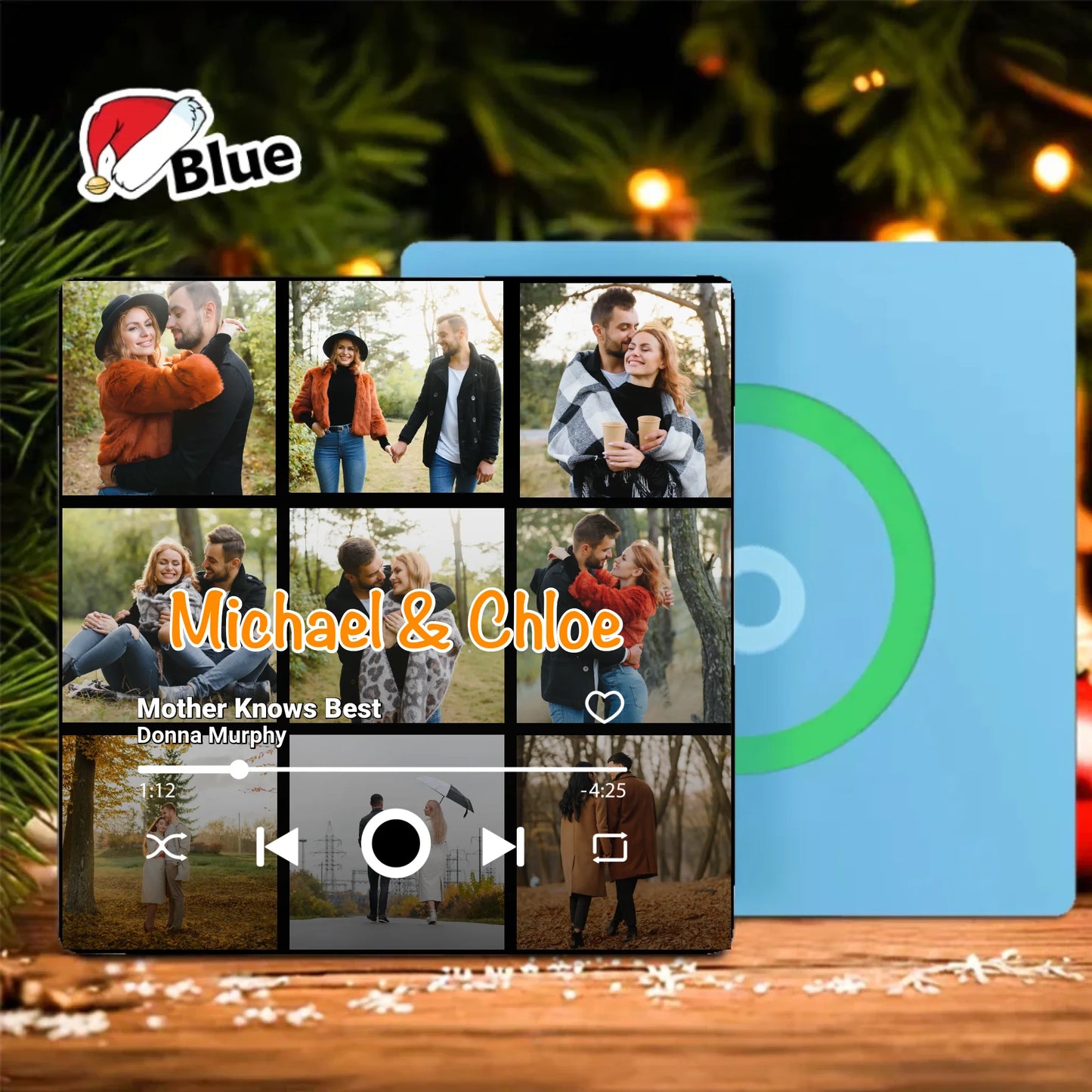 Minteefy custom fridge magnet – personalized music player design with couple photos and names, blue.