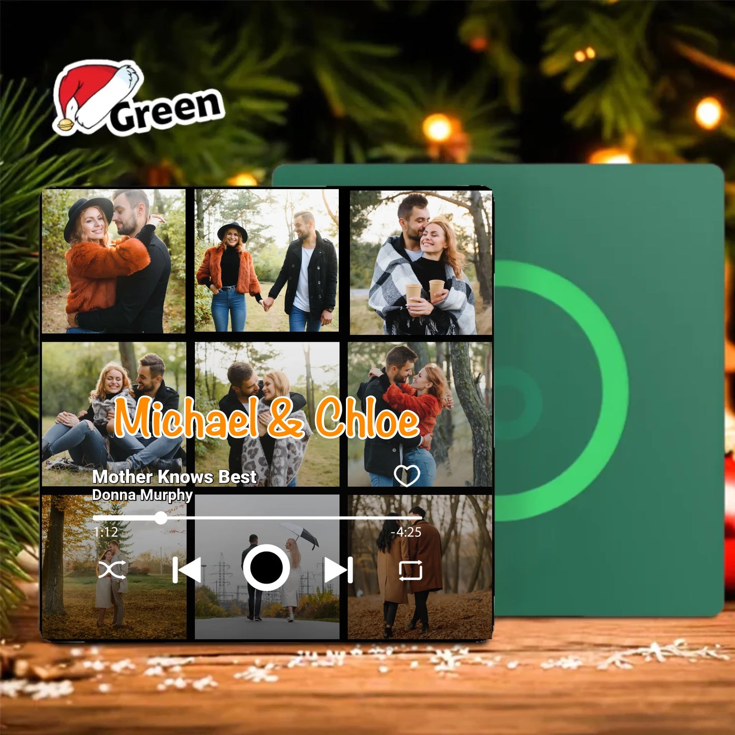Minteefy custom fridge magnet – personalized music player design with couple photos and names, green