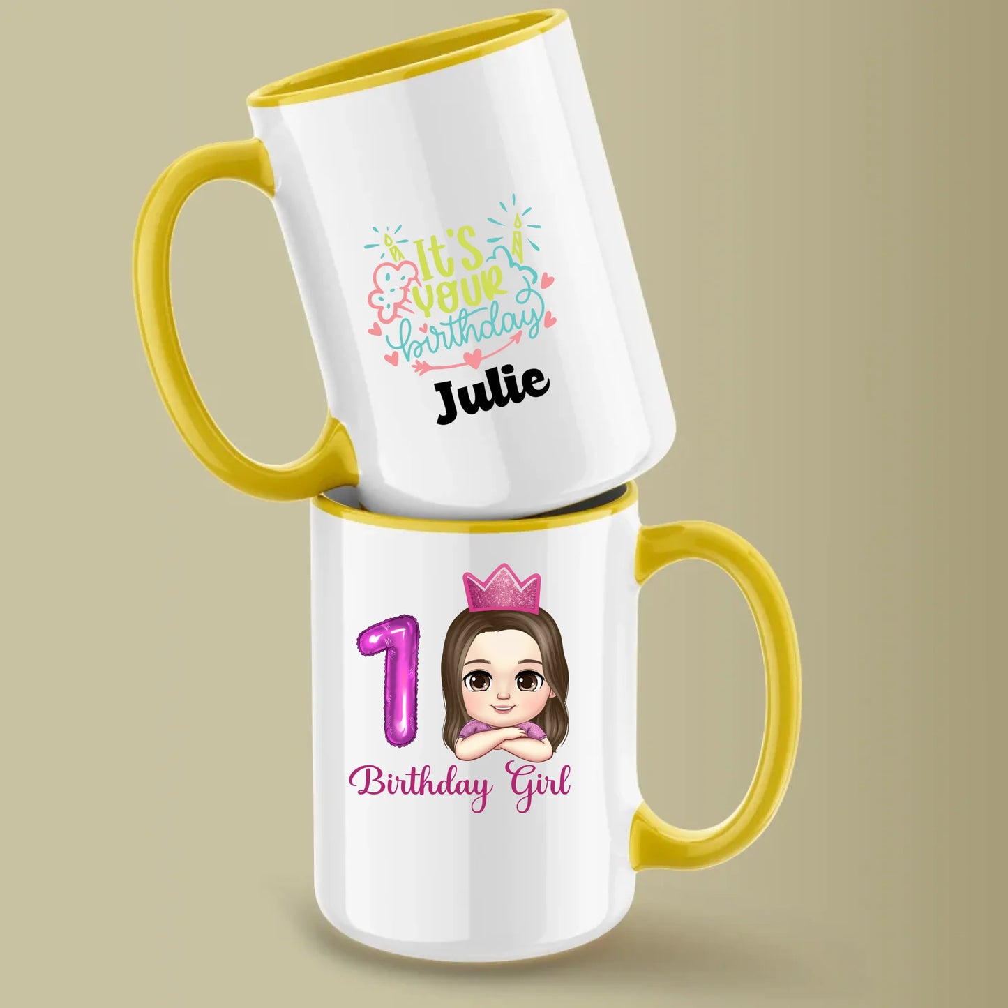 Minteefy birthday girl mugs with pink 1 balloon, cartoon princess, “It’s Your Birthday” name print.