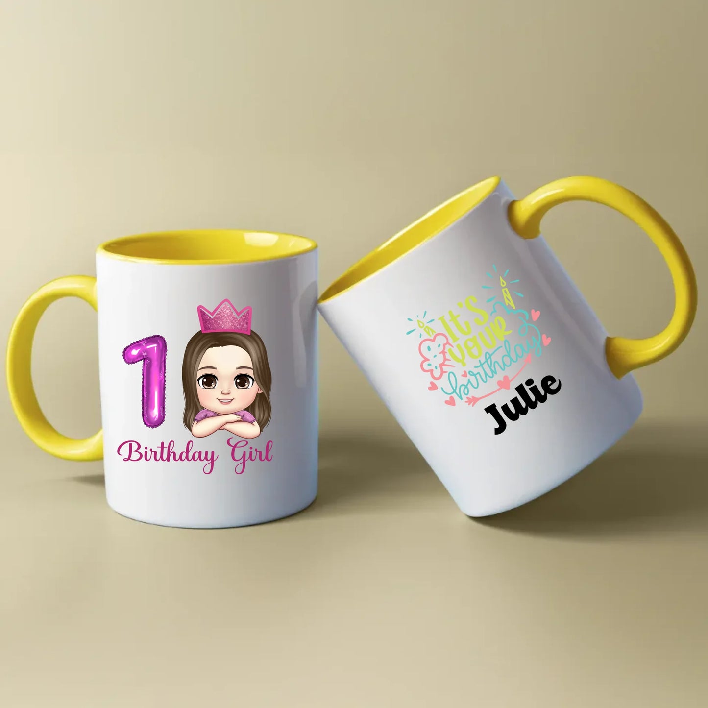 Minteefy birthday girl mugs with pink 1 balloon, cartoon princess, “It’s Your Birthday” name print.
