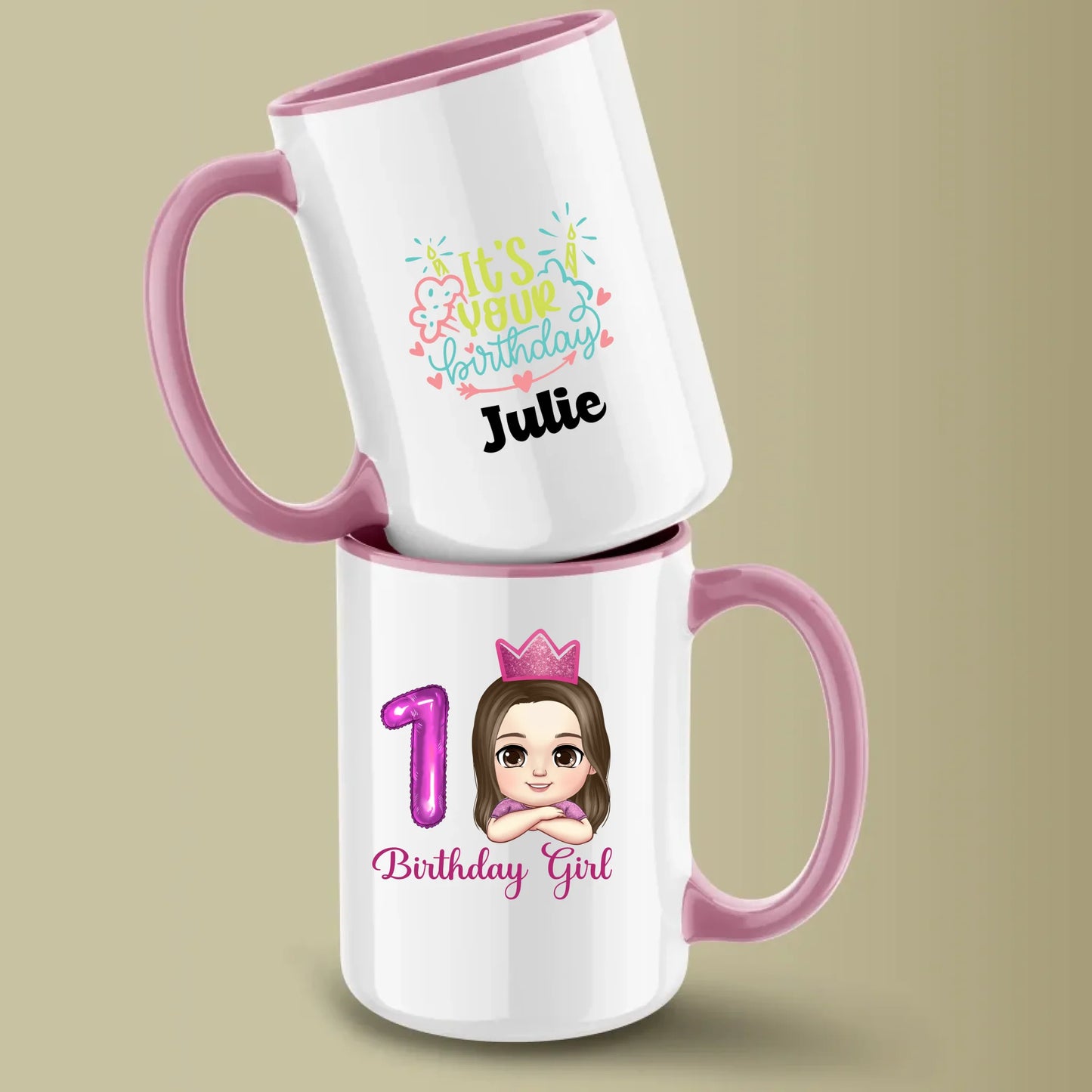 Minteefy birthday girl mugs with pink 1 balloon, cartoon princess, “It’s Your Birthday” name print.