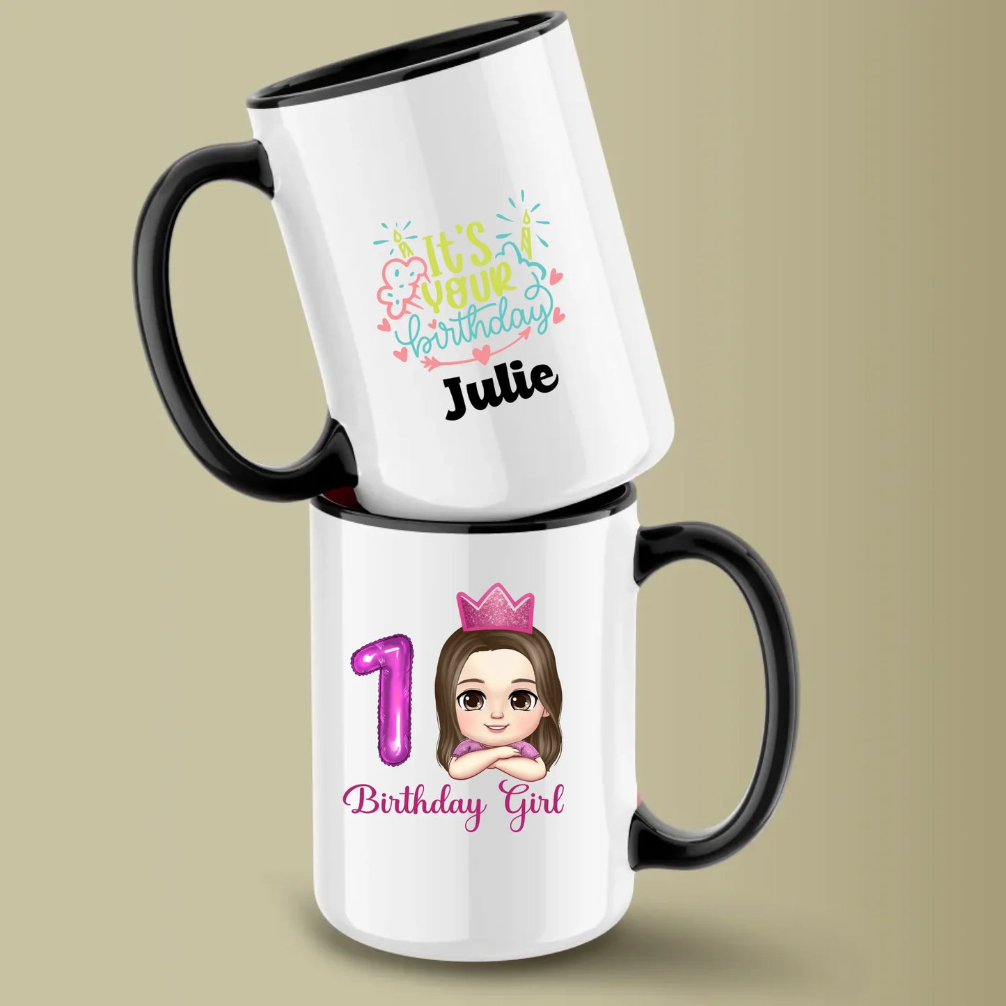 Minteefy birthday girl mugs with pink 1 balloon, cartoon princess, “It’s Your Birthday” name print.