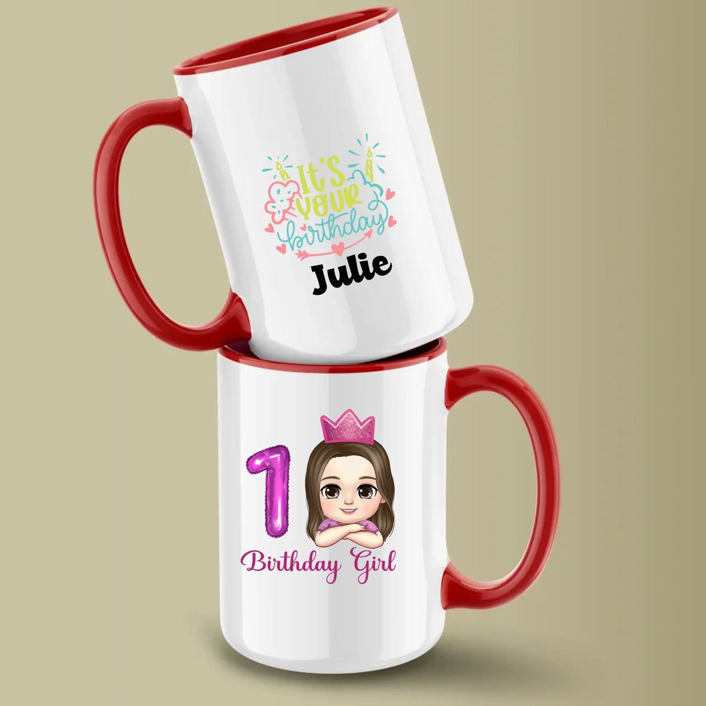 Minteefy birthday girl mugs with pink 1 balloon, cartoon princess, “It’s Your Birthday” name print.
