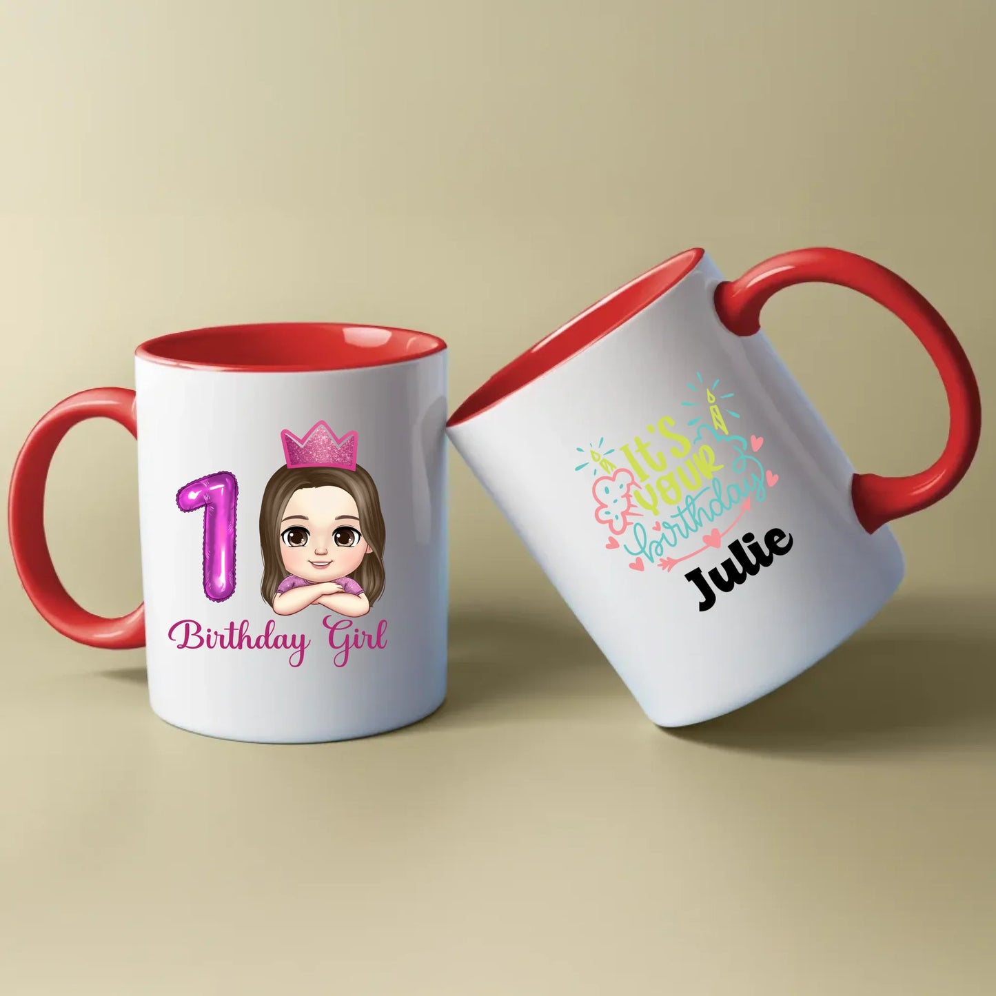 Minteefy birthday girl mugs with pink 1 balloon, cartoon princess, “It’s Your Birthday” name print.