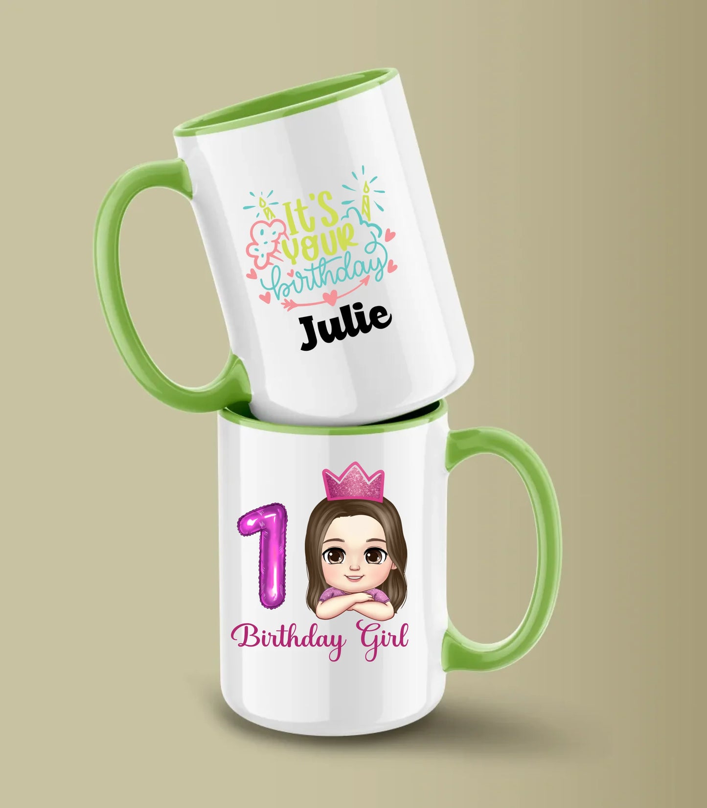 Minteefy birthday girl mugs with pink 1 balloon, cartoon princess, “It’s Your Birthday” name print.