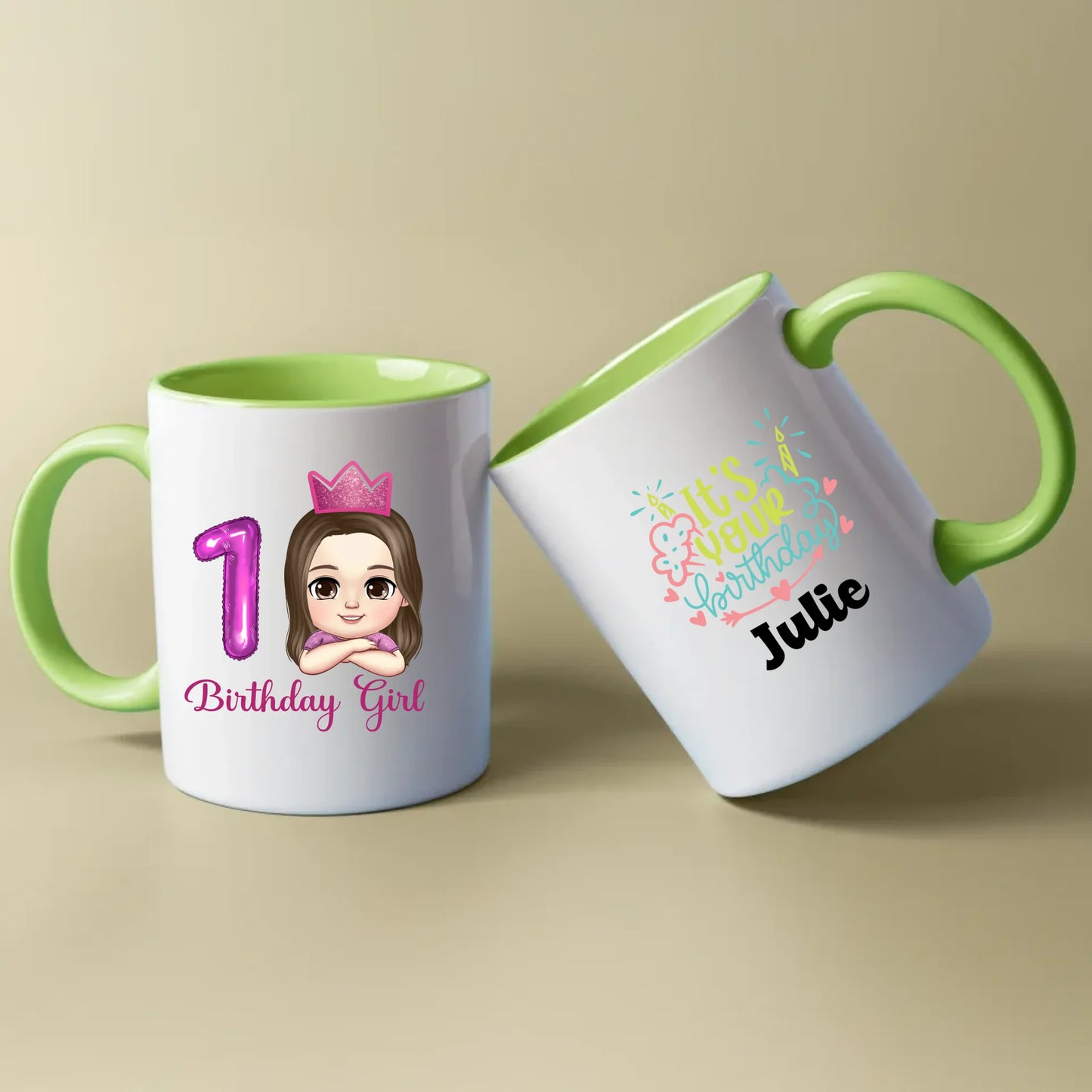 Minteefy birthday girl mugs with pink 1 balloon, cartoon princess, “It’s Your Birthday” name print.