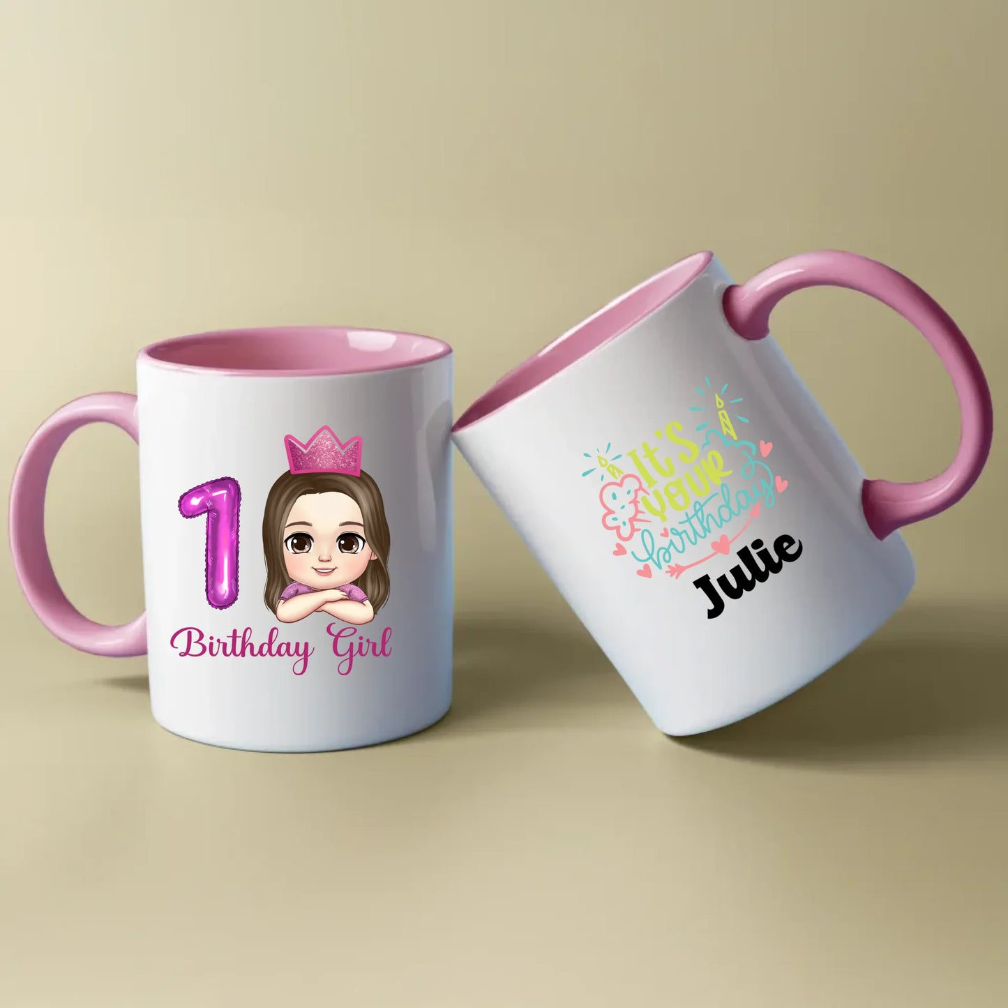 Minteefy birthday girl mugs with pink 1 balloon, cartoon princess, “It’s Your Birthday” name print.
