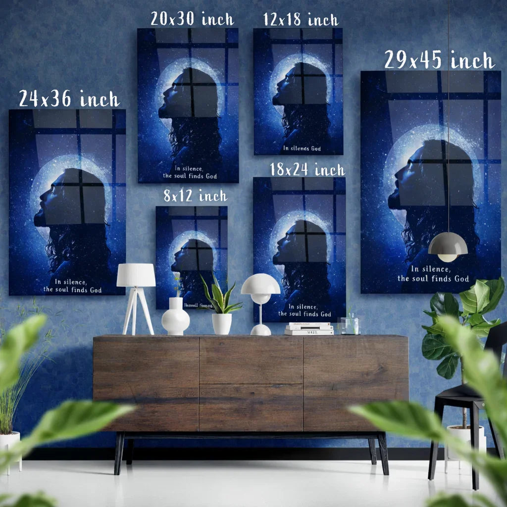Silhouette of a person with halo wall art in various sizes, blue modern interior decor.