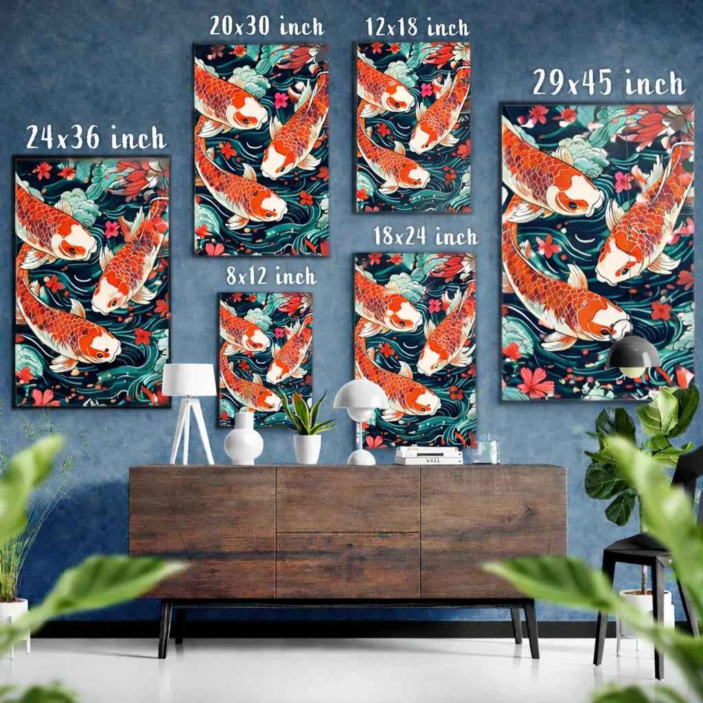Koi fish glass wall art in various sizes, displayed in a modern living room with blue walls.
