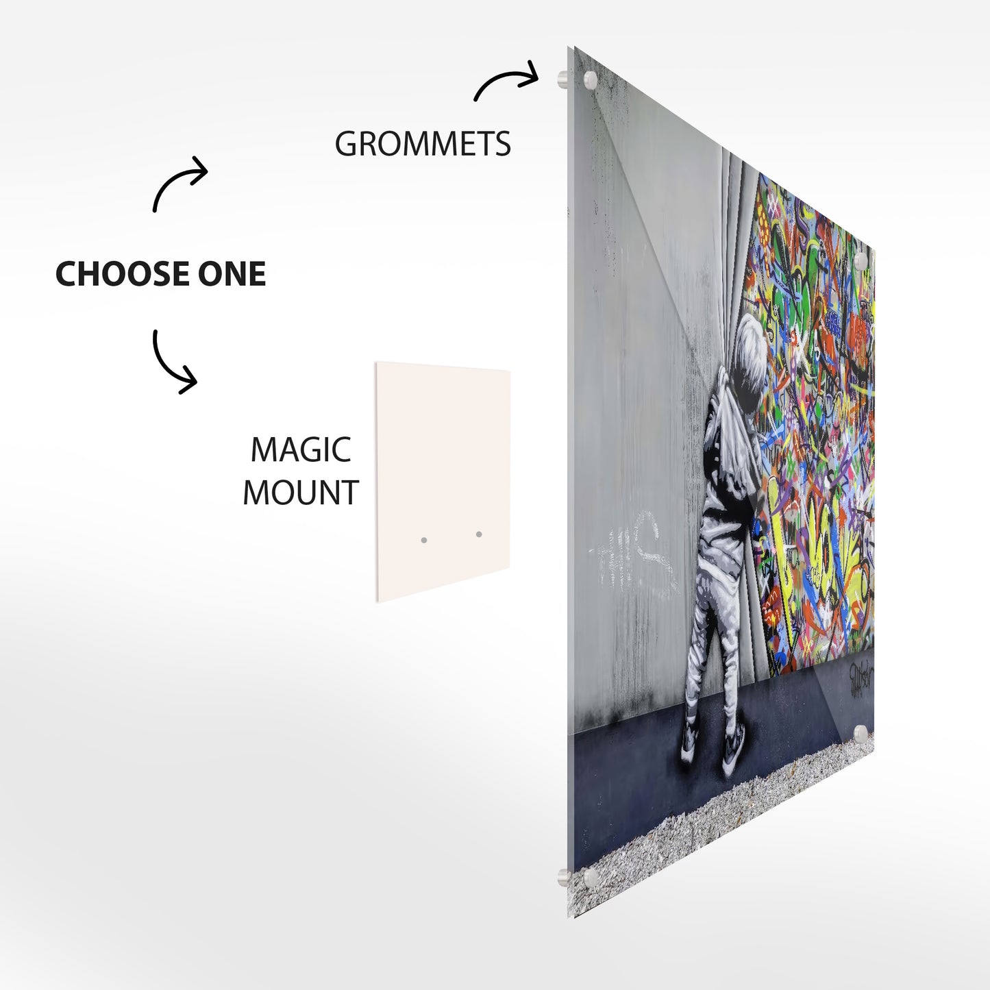 Banksy-Style Child Pulling Curtain Urban Glass Art