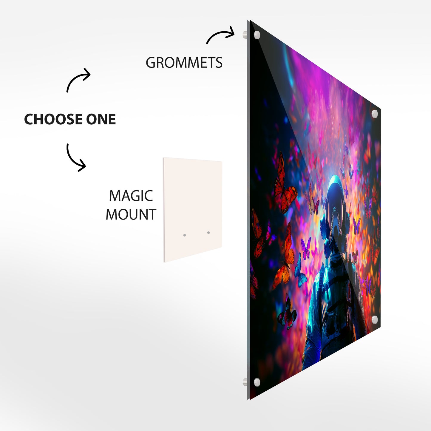 The Astronaut’s Dream Realm – Neon Butterflies & Cosmic Energy Glass Wall Art