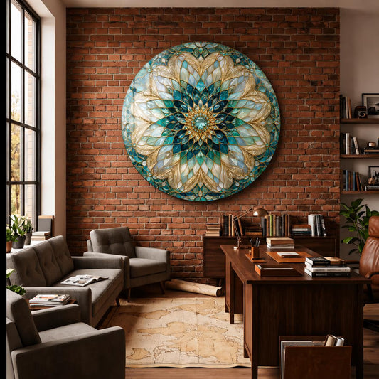 Gold and Blue Mandala Stained Glass Wall Art