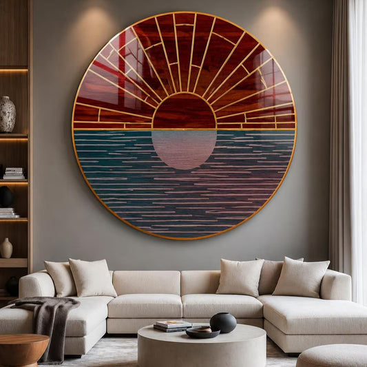 Geometric Mirrored Sunrise Ocean Glass Wall Art