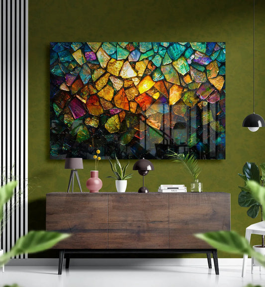 Prismatic Mosaic Glass Wall Art – Colorful Abstract Glass Decor.