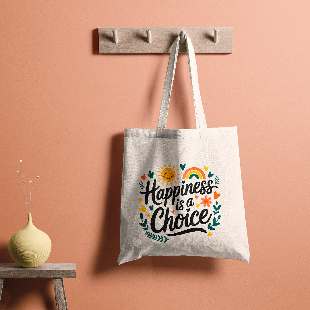Canvas tote bag with a cheerful design and the quote 'Happiness is a Choice' in bold letters