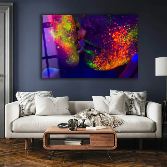 Abstract Neon Couple Kiss Glass Wall Art.