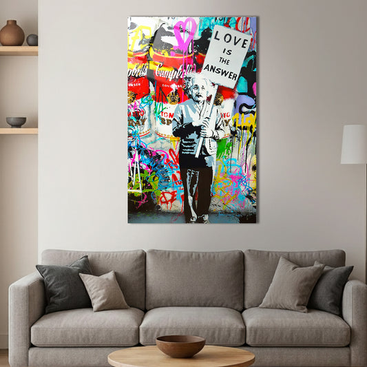Einstein Love Is the Answer Banksy Style Glass Wall Art