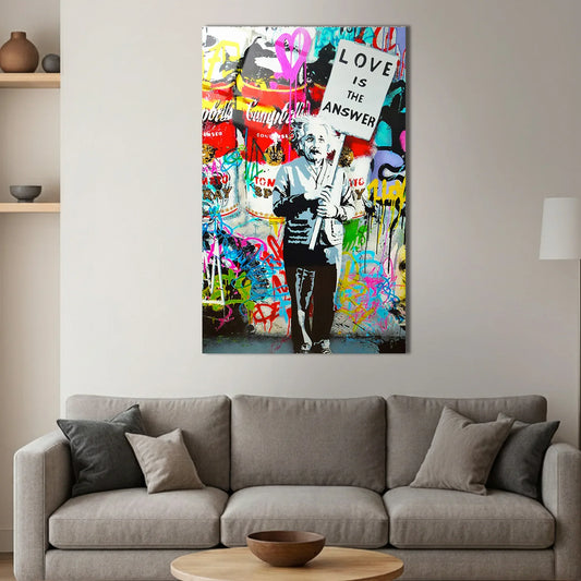 Einstein Love Is the Answer Banksy Style Glass Wall Art.