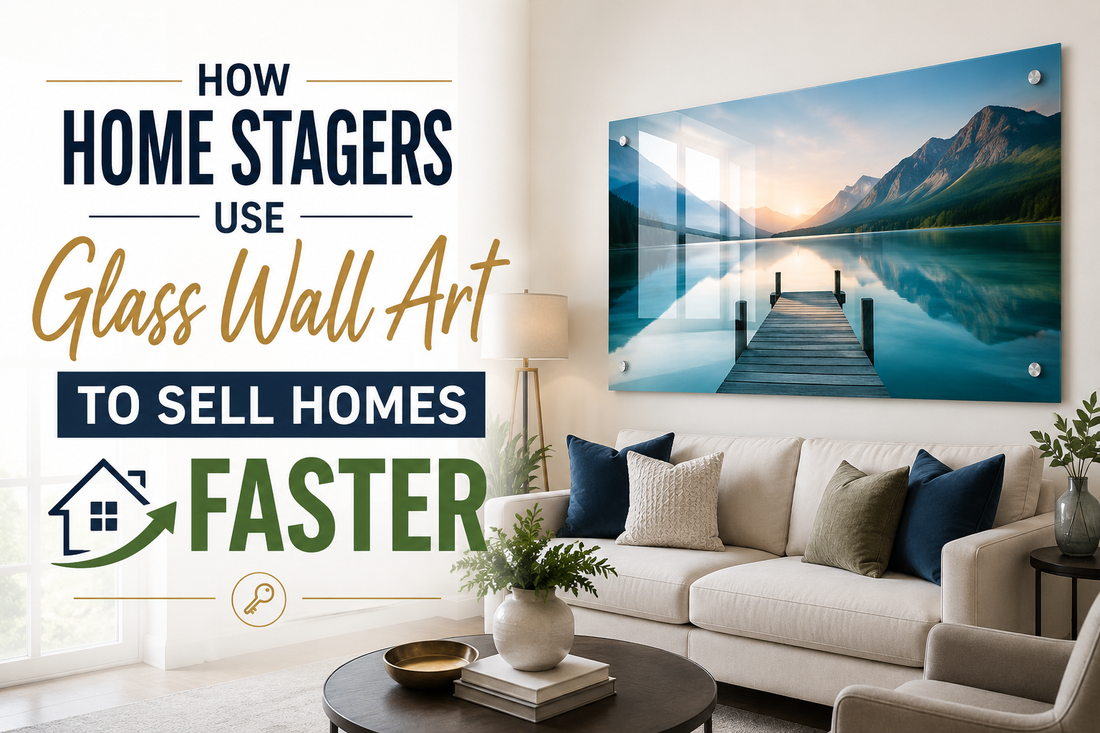 Home staging glass wall art above sofa in staged living room — professional staging with Minteefy glass wall art USA