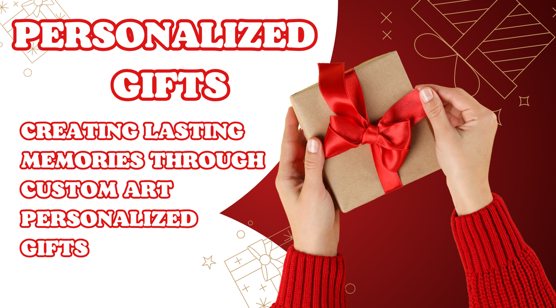Hands holding a custom gift box with red ribbon, promoting personalized gifts and custom art.