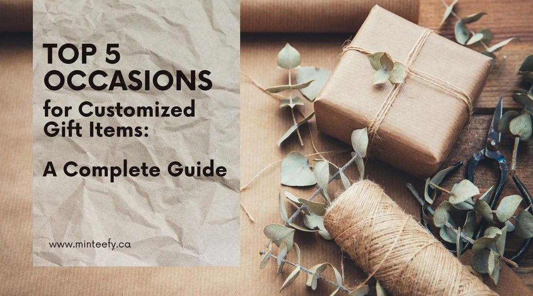 Brown paper wrapped gift with twine, eucalyptus, scissors, and custom gift guide text overlay.