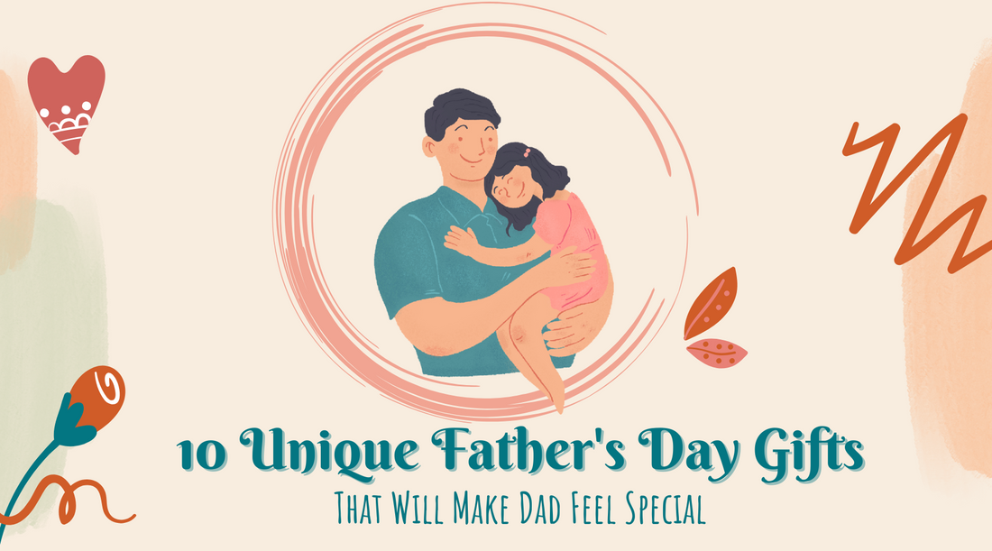 Illustrated dad hugging daughter in Father's Day gifts banner with heart and floral accents